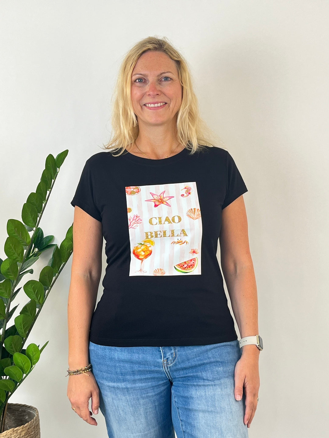 T-Shirt Ciao Bella, schwarz-rosa von Bella Vita - Mode &amp; Lifestyle