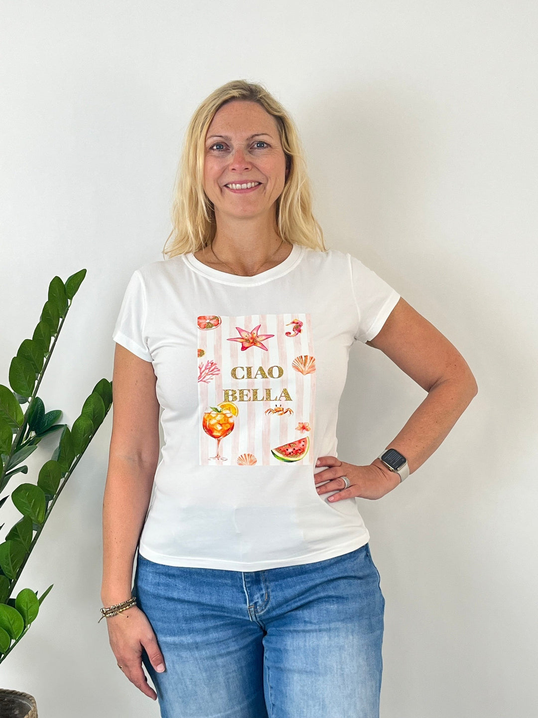 T-Shirt Ciao Bella, weiß-rosa von Bella Vita - Mode &amp; Lifestyle