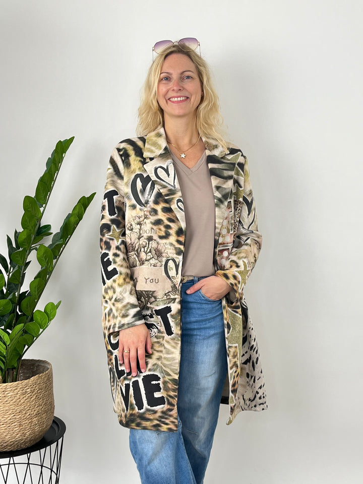 Beiger Velourslederimitat-Longblazer mit Wildtier- und Stern-Print