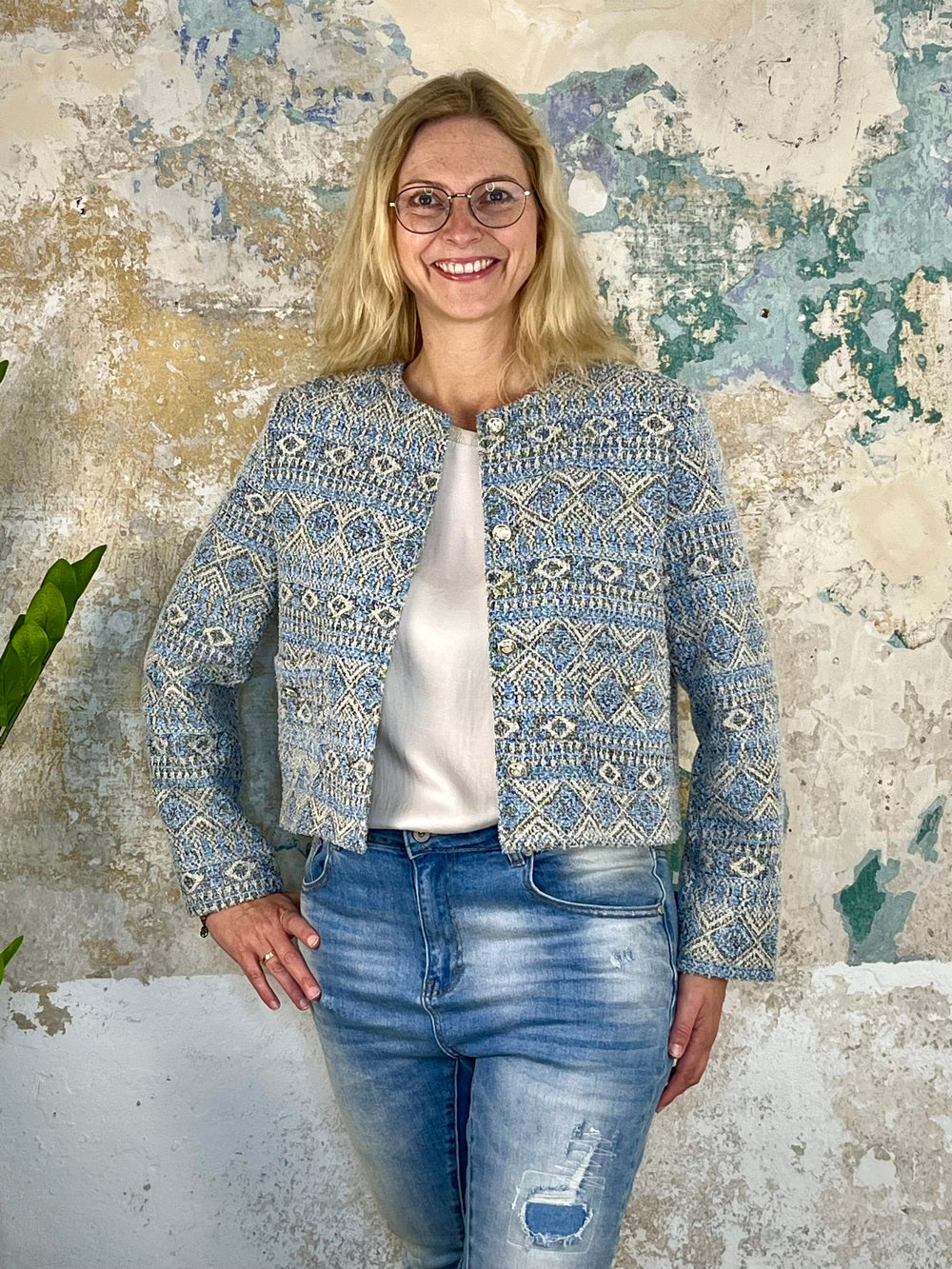 Kurzblazer Jacquard, blau-beige