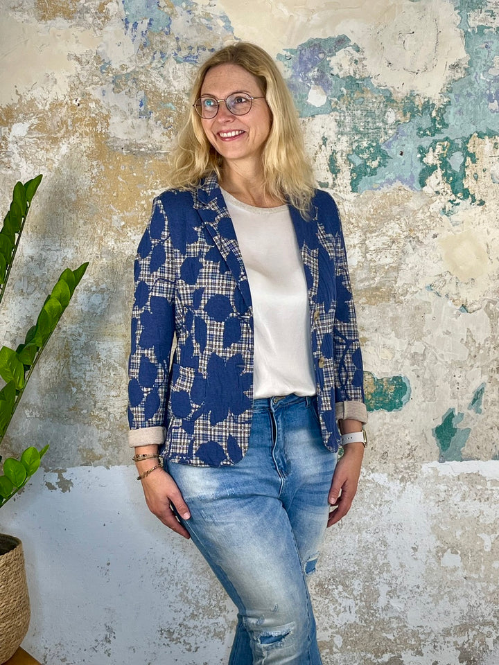 Jersey-Blazer Mustermix floral-kariert, marine