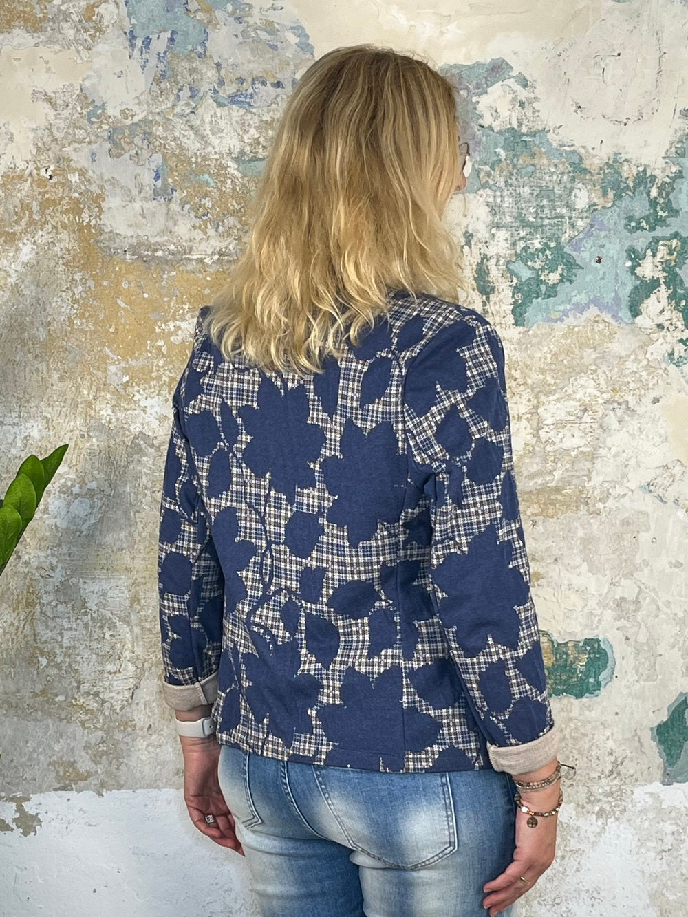 Jersey-Blazer Mustermix floral-kariert, marine