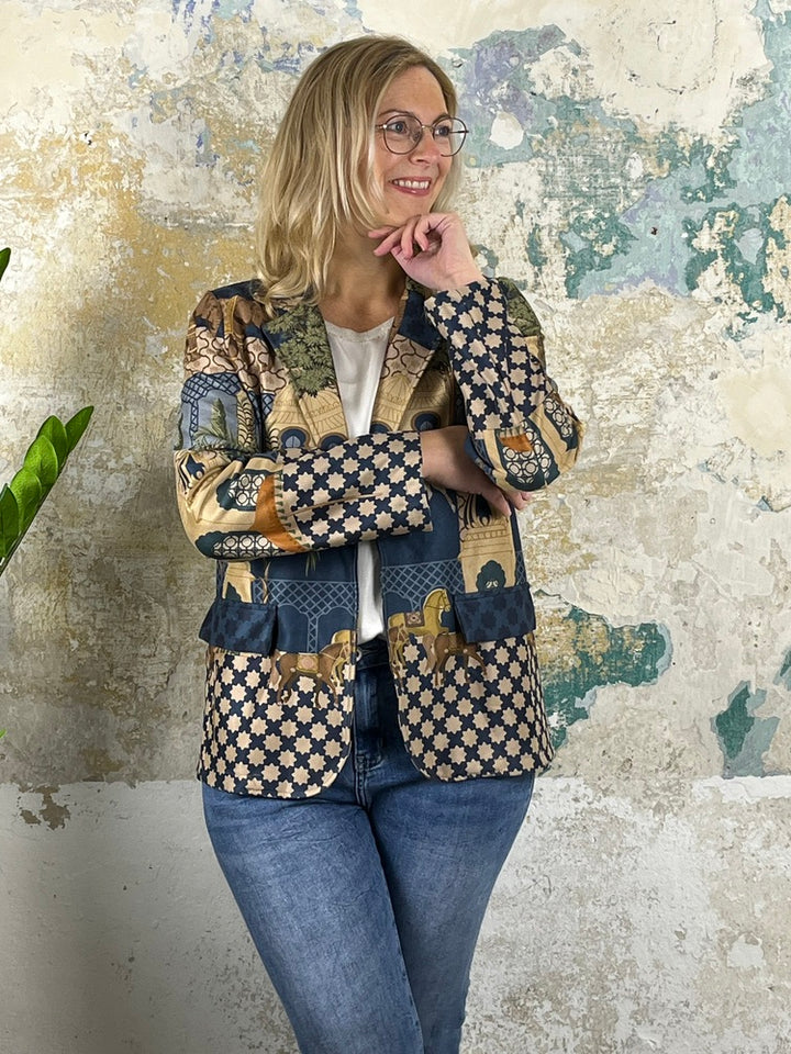 Velourslederimitat-Blazer im Alloverdruck, jeansblau