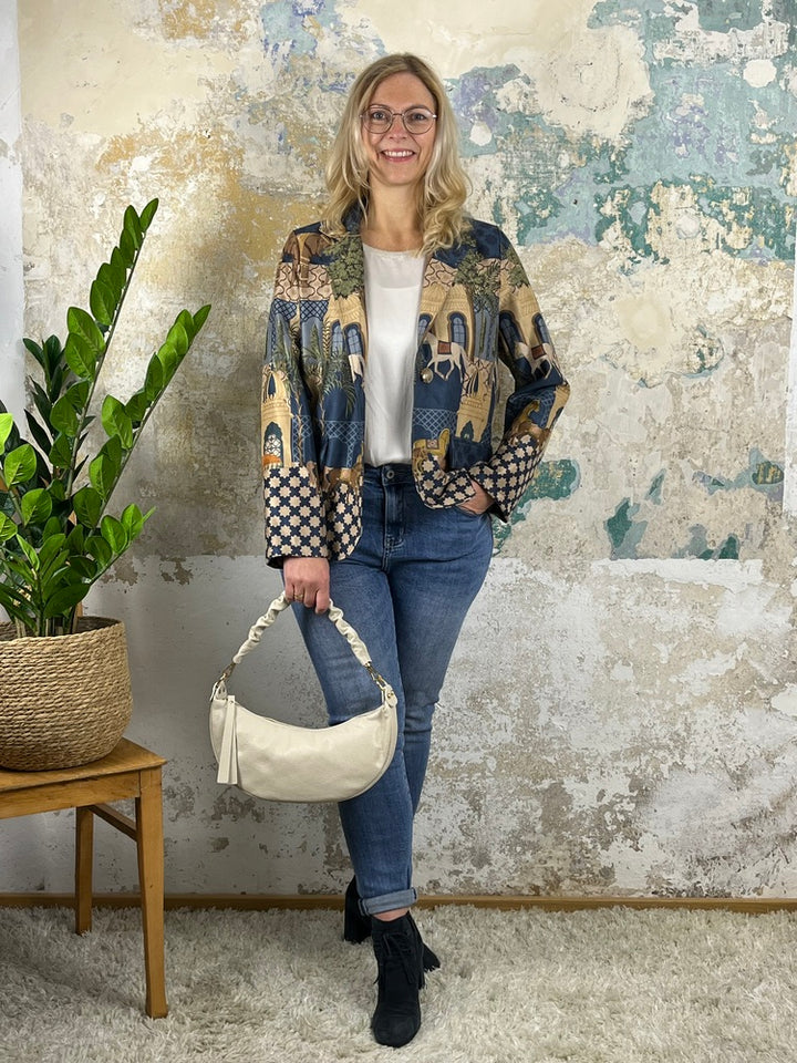 Velourslederimitat-Blazer im Alloverdruck, jeansblau