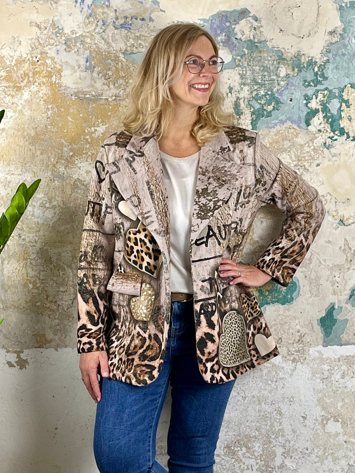 Velourslederimitat-Blazer im Alloverdruck, beige