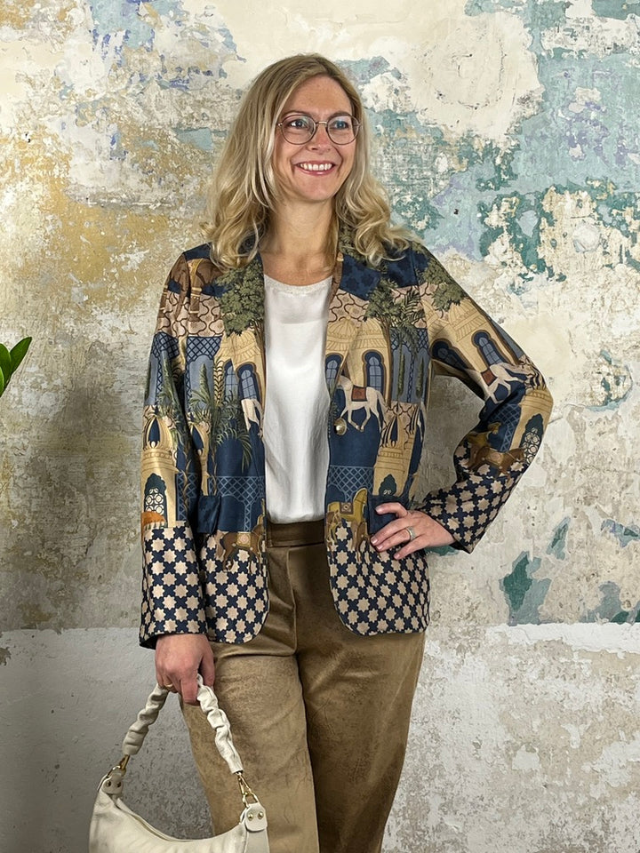 Velourslederimitat-Blazer im Alloverdruck, jeansblau