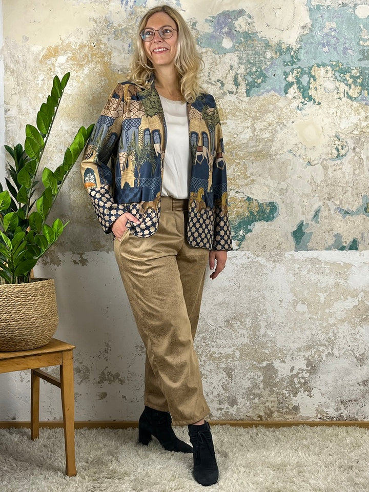 Velourslederimitat-Blazer im Alloverdruck, jeansblau
