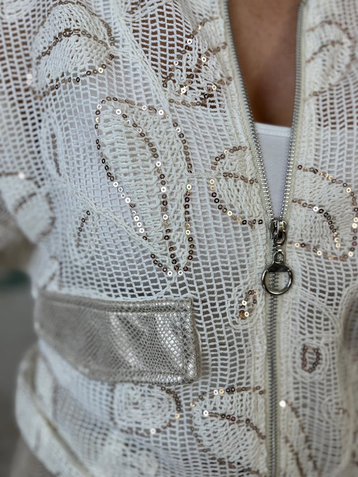 Blouson in Netzoptik mit Pailletten, ecru