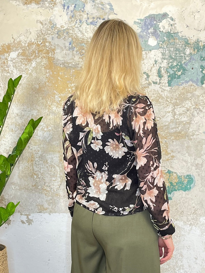 Druckbluse mit Volants, schwarz
