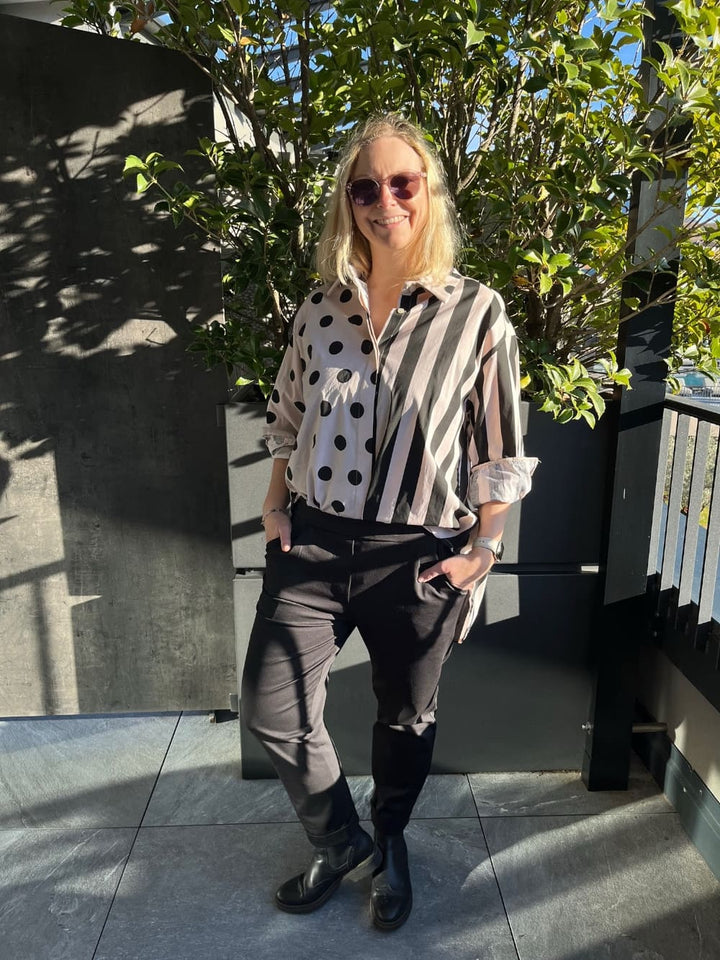 Bluse Streifen/ Tupfen beige-schwarz