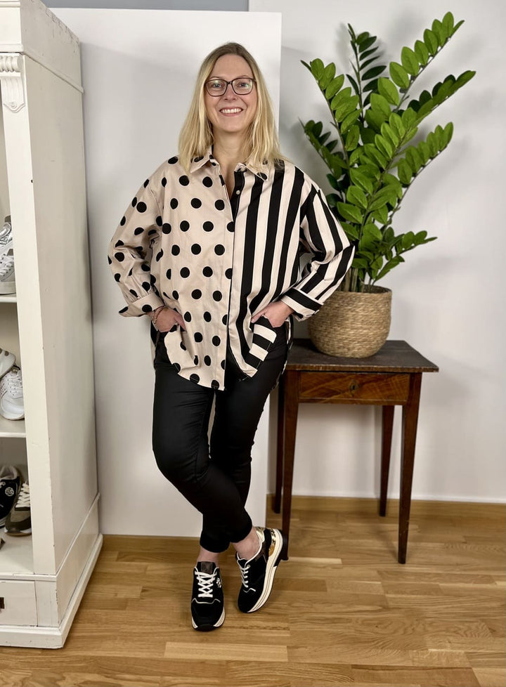 Bluse Streifen/ Tupfen beige-schwarz