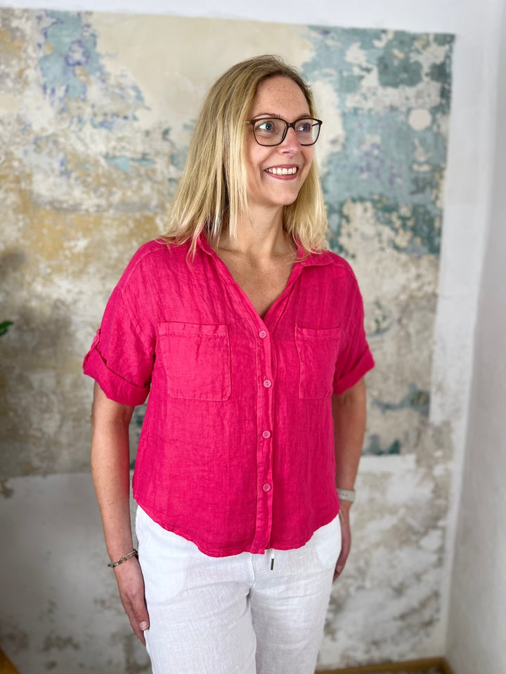 Leinen-Bluse mit Hemdkragen, pink