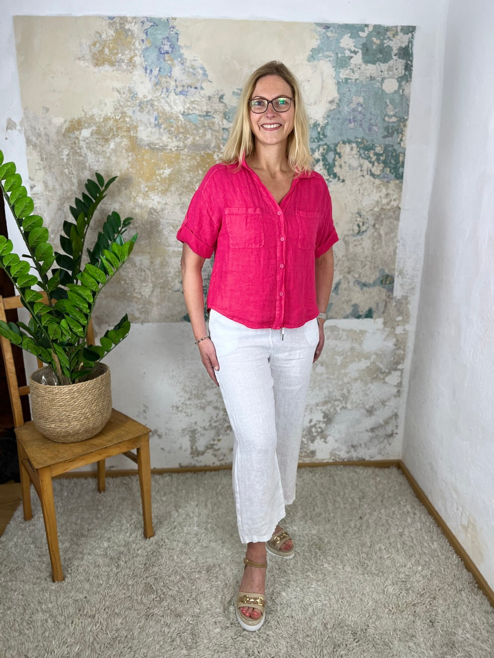 Leinen-Bluse mit Hemdkragen, pink