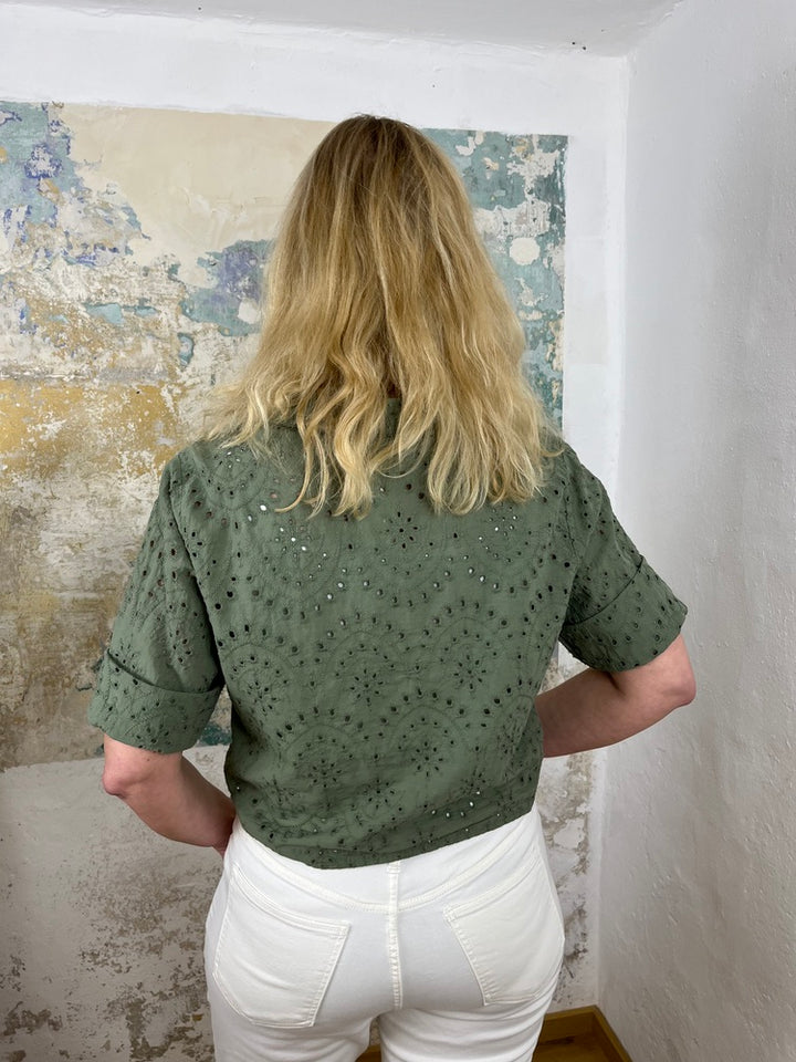 Bluse mit Lochstickerei, Kurzarm
