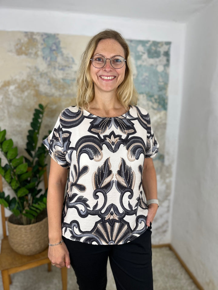 Blusenshirt Alloverdruck, schwarz-ecru