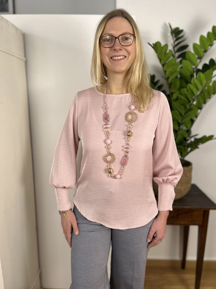 Bluse mit Rundhals und breiter Manschette, hinten geknöpft
