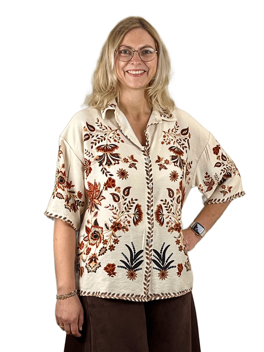 Bluse floral-bedruckt, ecru-braun