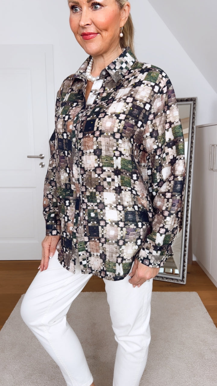 Longbluse grafisch, khaki-beige von Bella Vita - Mode & Lifestyle