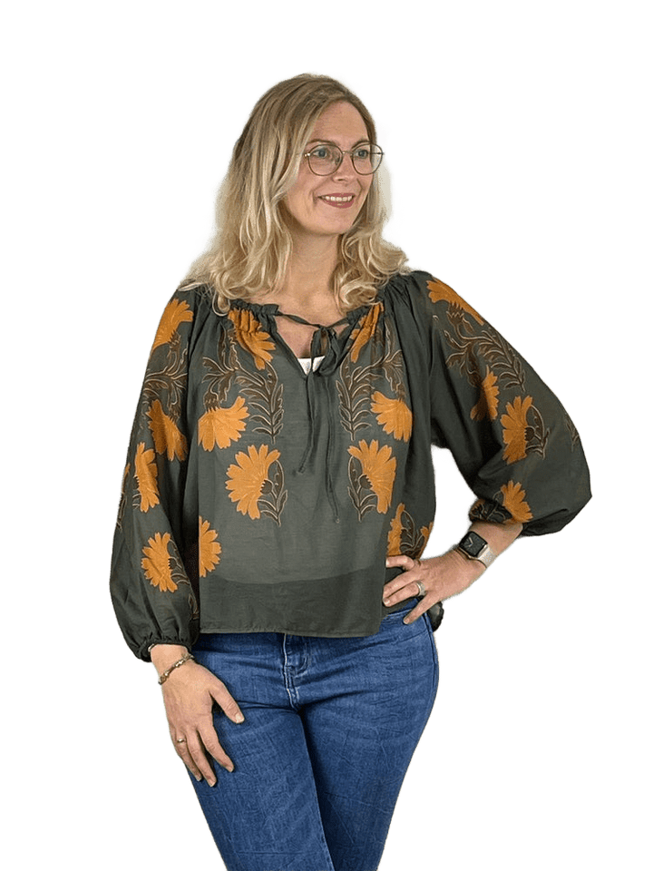 Bluse mit Alloverdruck und elastischen Abschlüssen, khaki