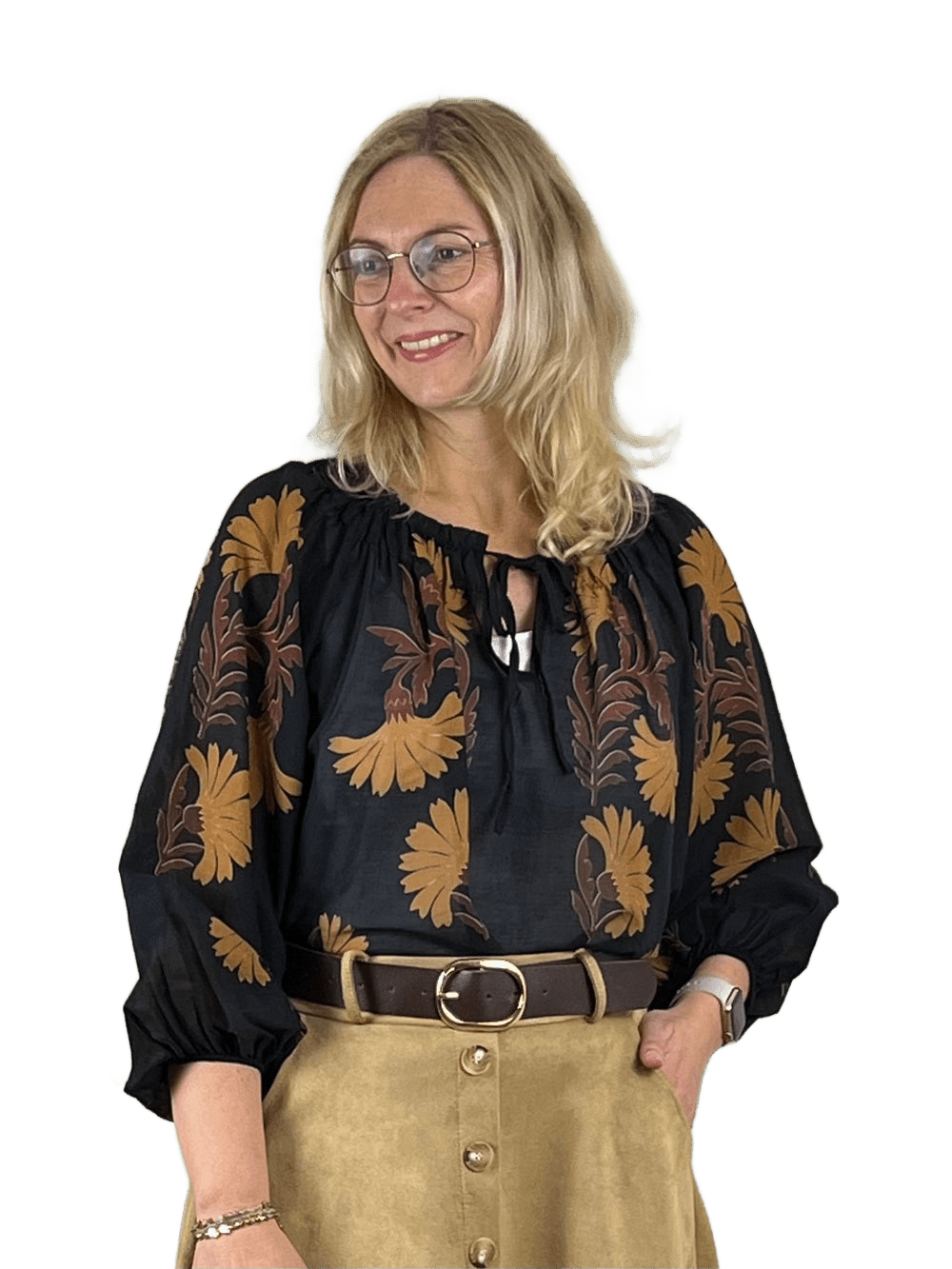 Bluse mit Alloverdruck und elastischen Abschlüssen, schwarz