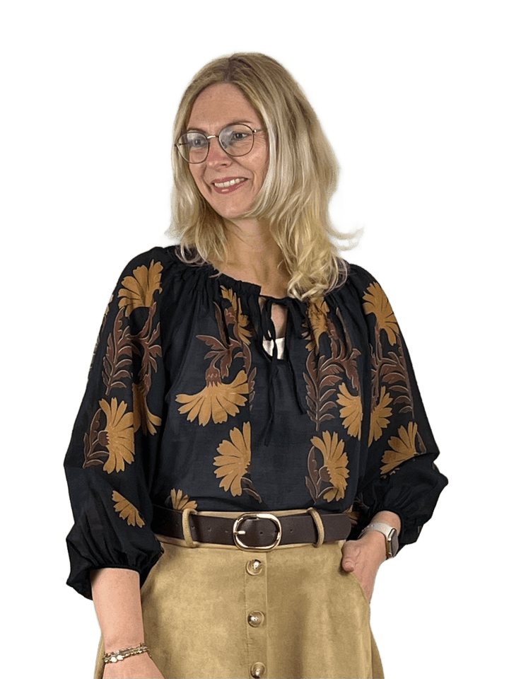Bluse mit Alloverdruck und elastischen Abschlüssen, schwarz