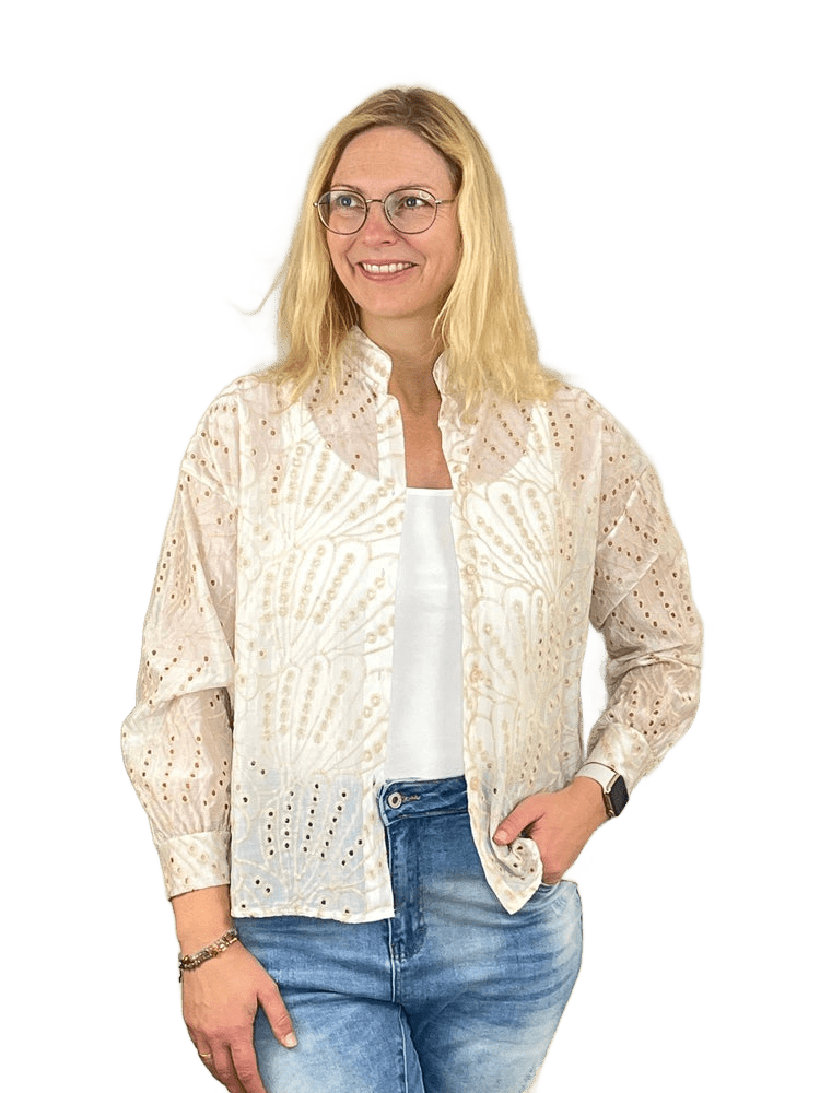 Bluse mit Lochstickerei und Stehkragen, beige