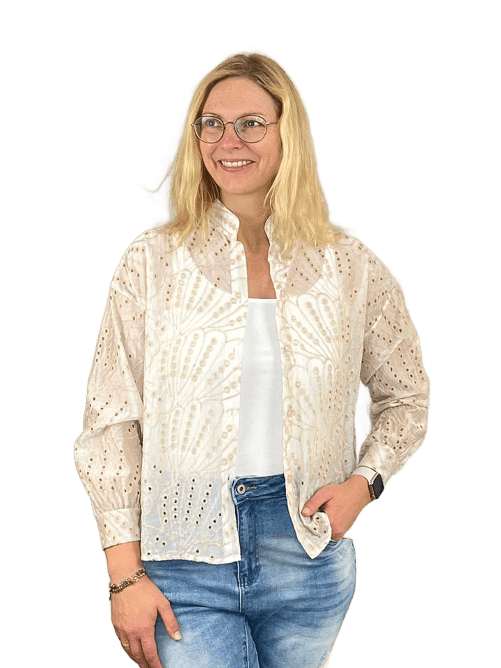 Bluse mit Lochstickerei und Stehkragen, beige