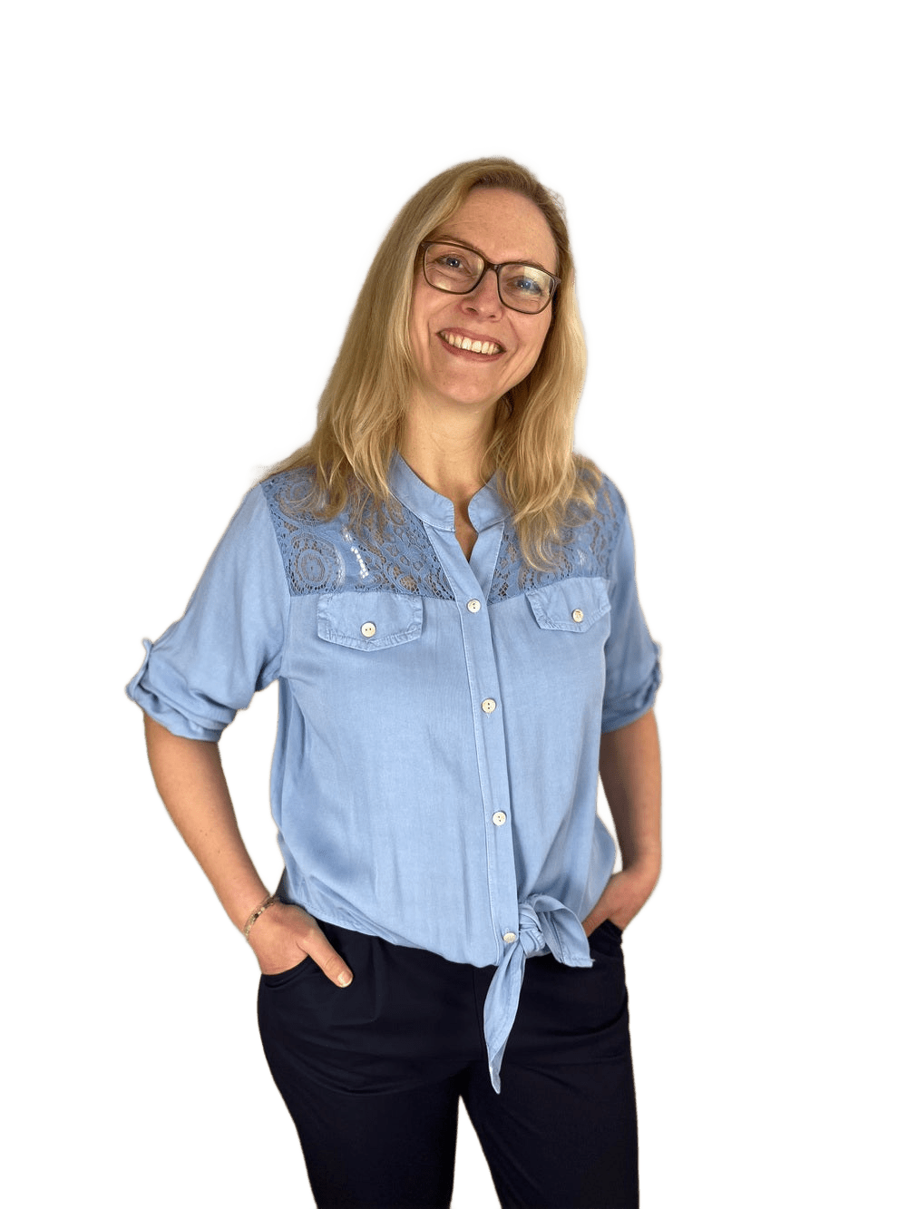 Bluse mit Spitzeneinsatz in Feincordoptik