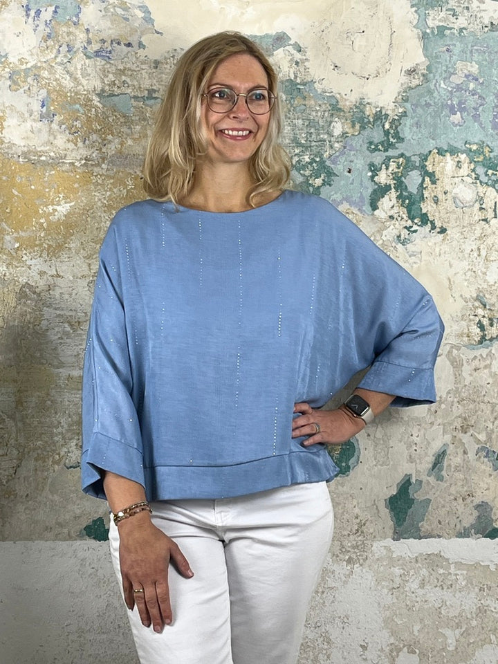 Blusenshirt mit Glitzersteinchen, jeansblau