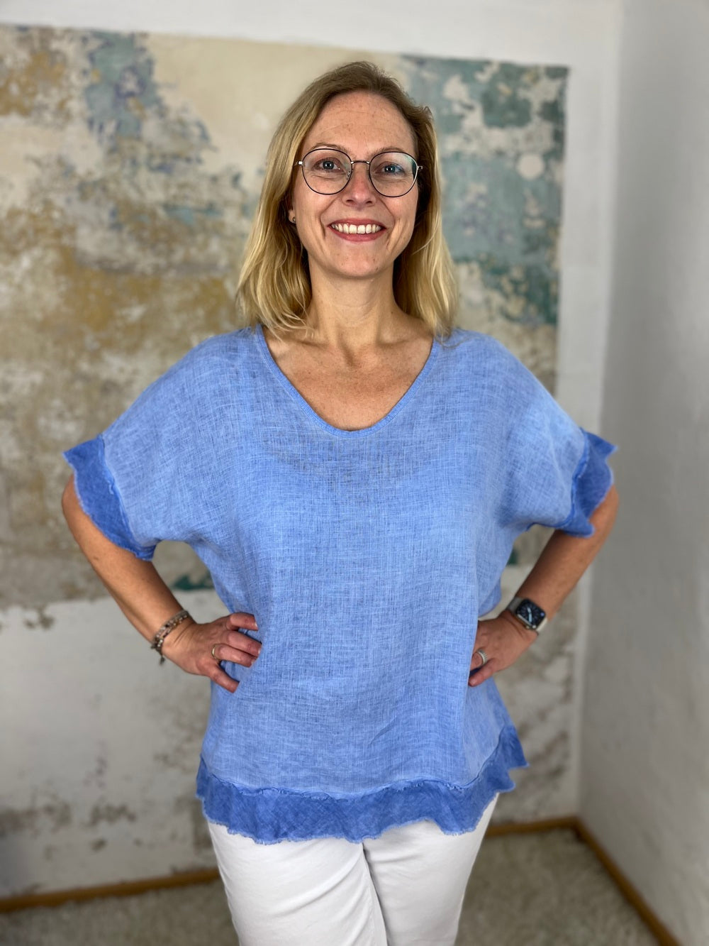 Leinenshirt mit Fransenabschluss