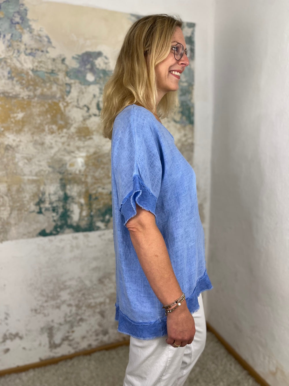 Leinenshirt mit Fransenabschluss