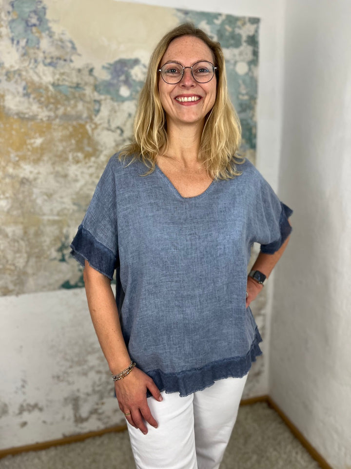 Leinenshirt mit Fransenabschluss