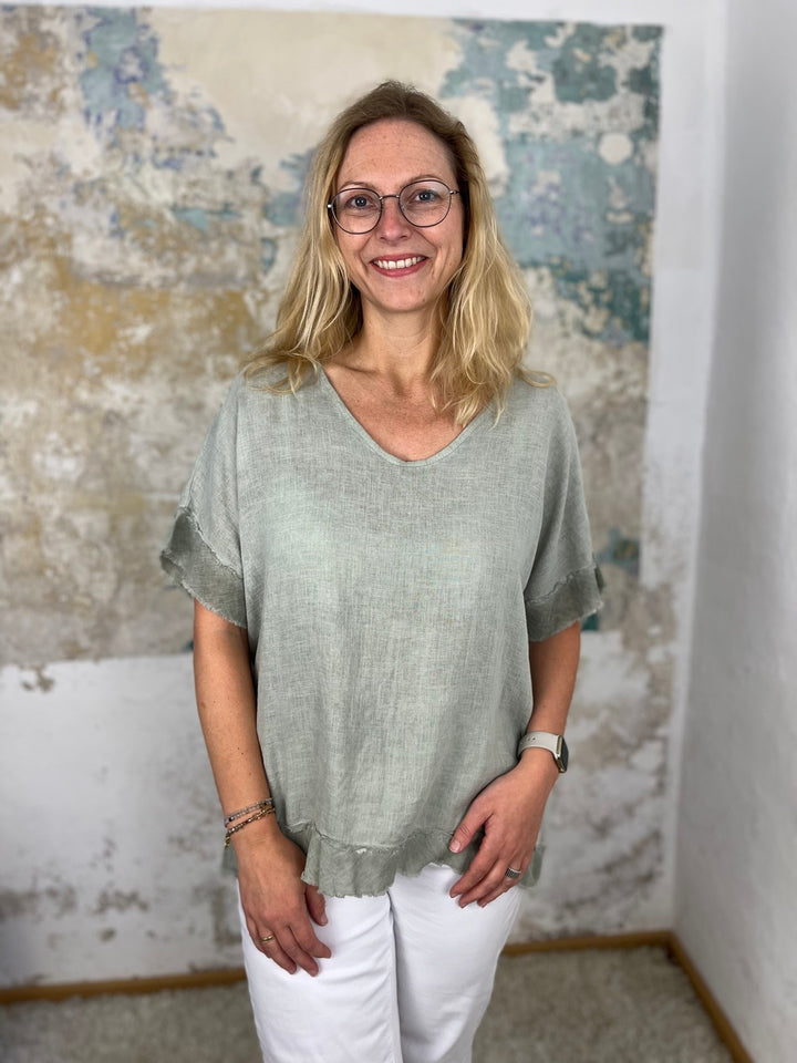 Leinenshirt mit Fransenabschluss