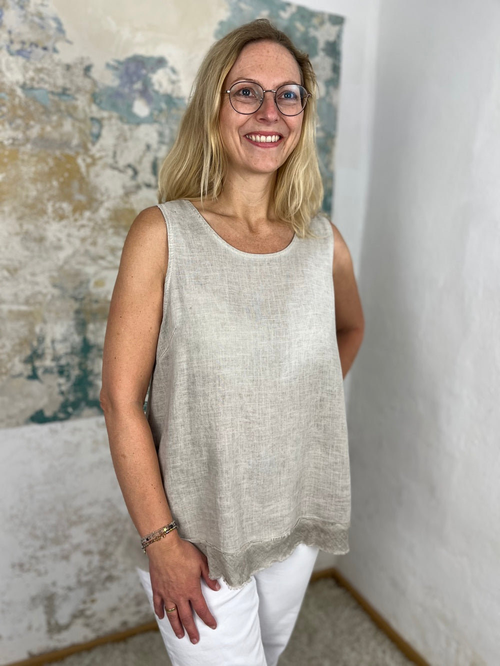 Leinentop mit Fransenabschluss