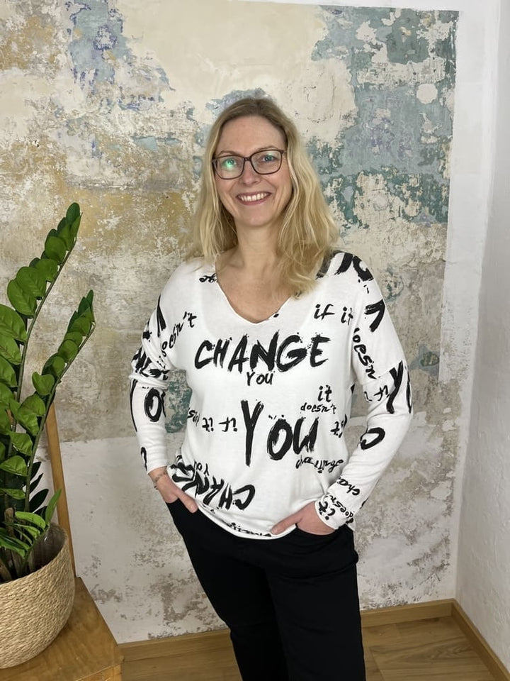 Druckpullover mit V-Ausschnitt
