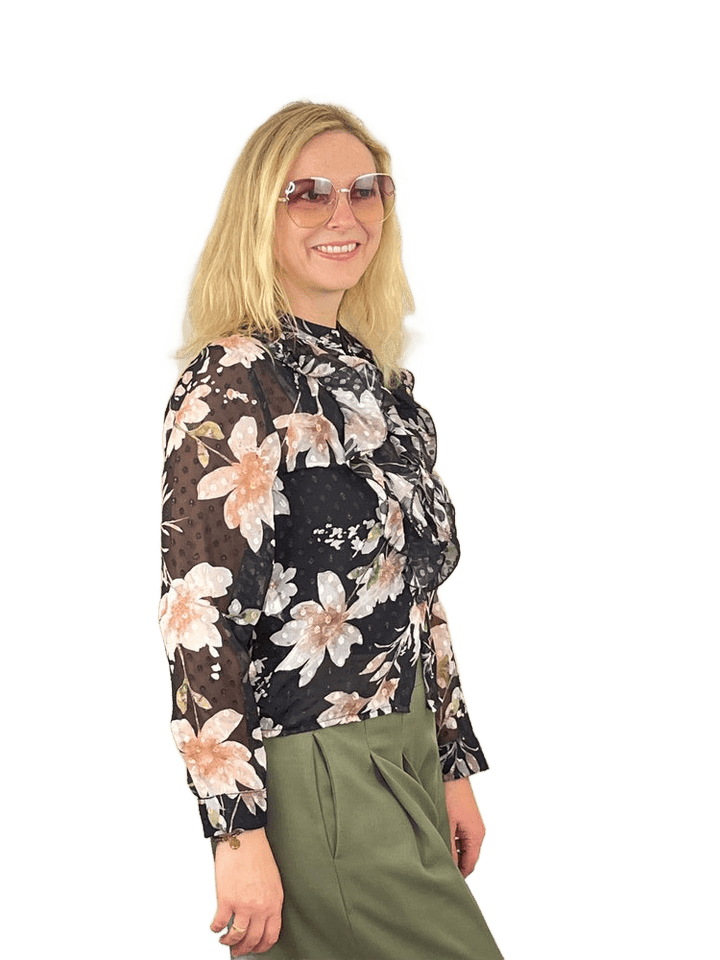Druckbluse mit Volants, schwarz