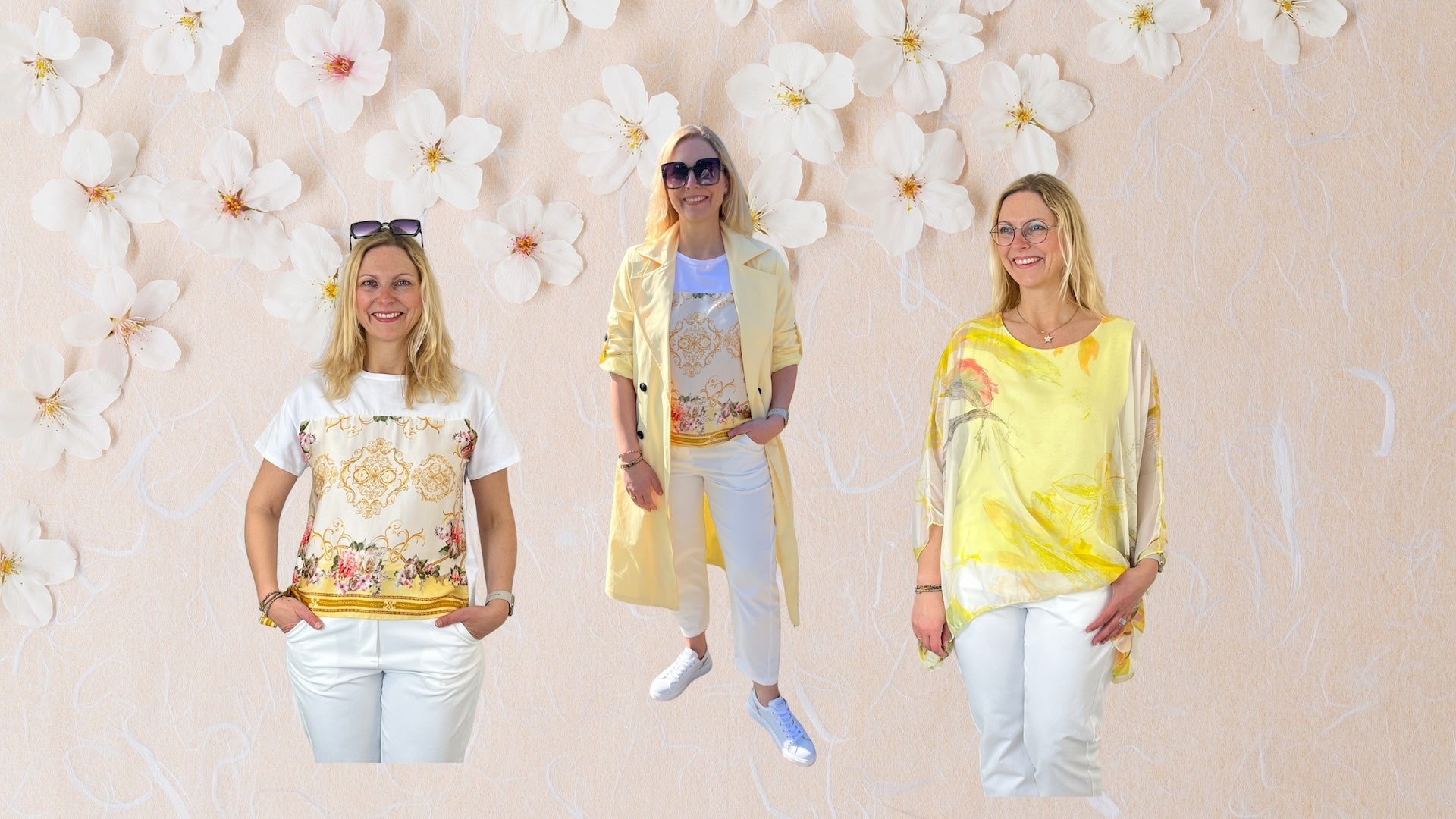 Modische Damen-Outfits in Weiß und Gelb mit floralen Designs für Frühling und Sommer