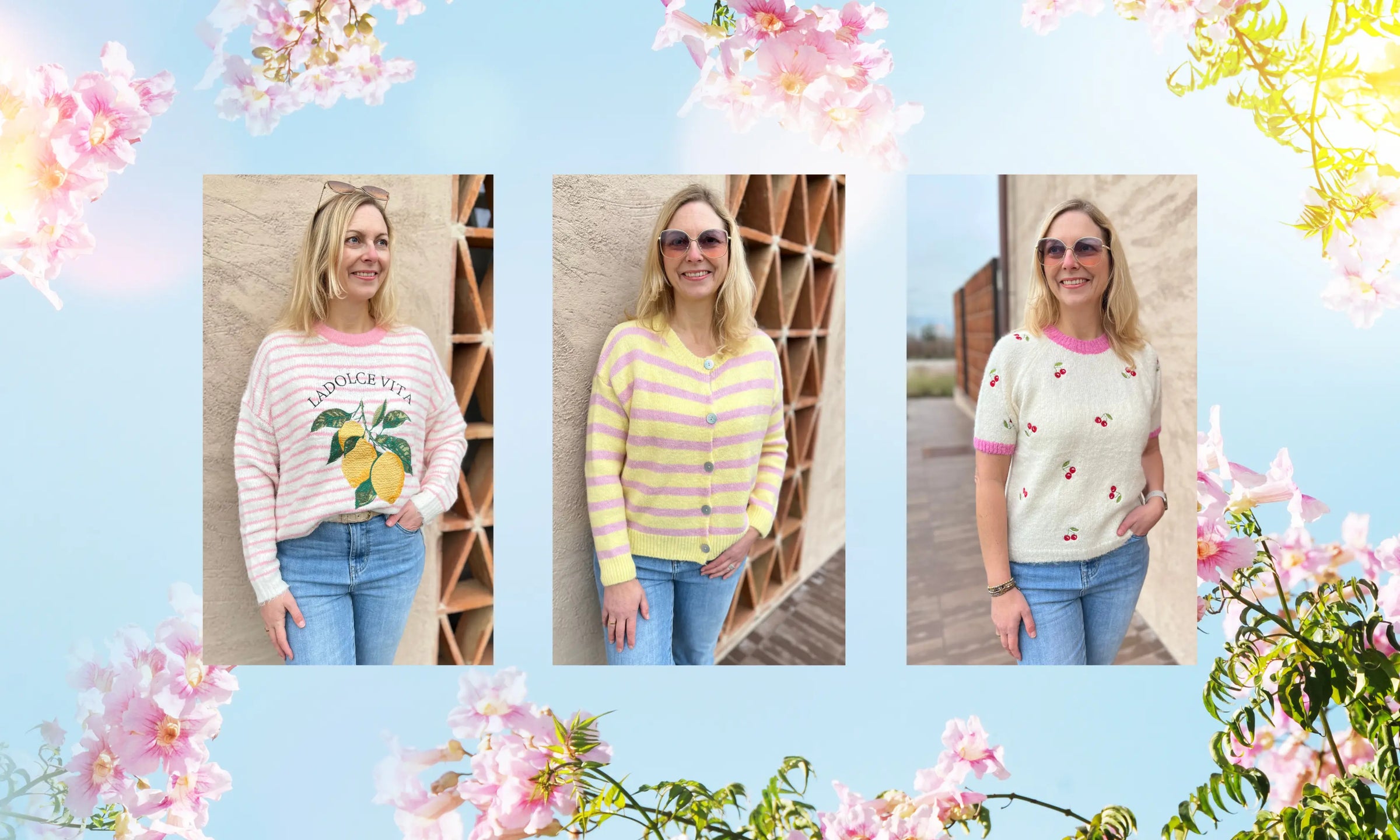 Frühlingsmode für Damen: Strickpullover und Cardigan in Pastellfarben, lässig kombiniert mit Jeans.