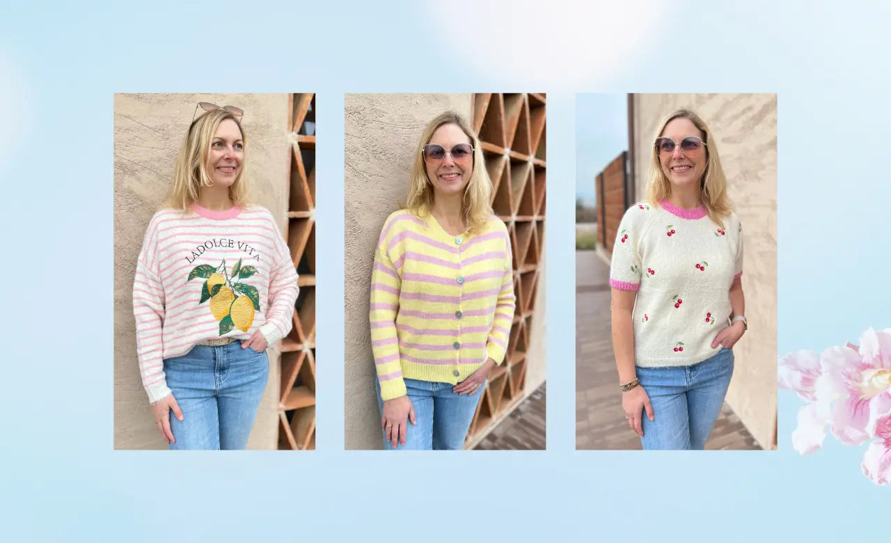 Frühlingsdamenmode: Strickpullover und Cardigan in Pastellfarben, lässig kombiniert mit Jeans.
