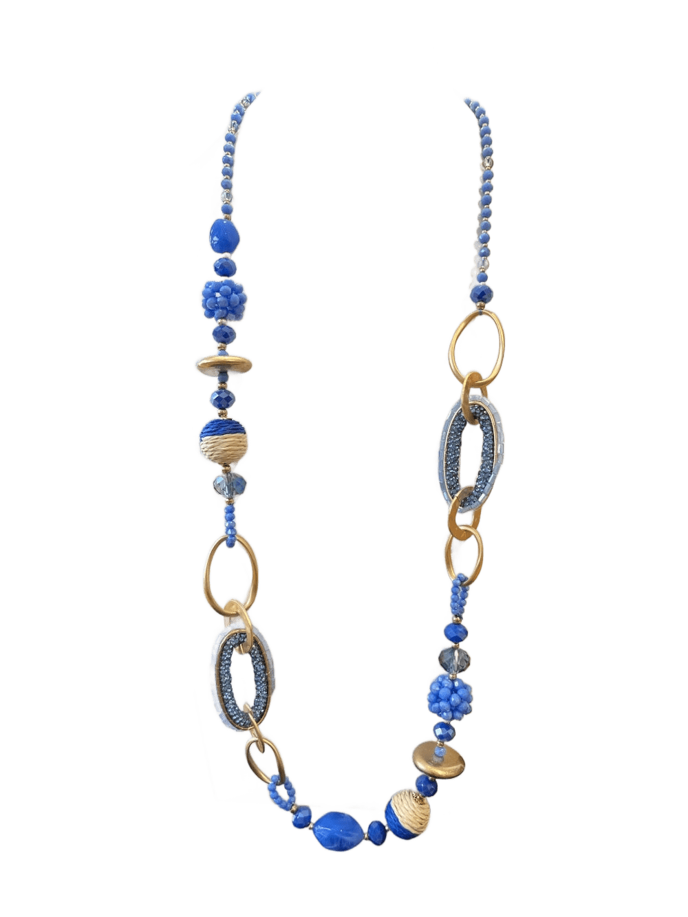 Halskette mit Ziersteinen und Metallelementen, blau-goldfarben
