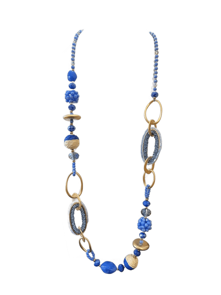 Halskette mit Ziersteinen und Metallelementen, blau-goldfarben
