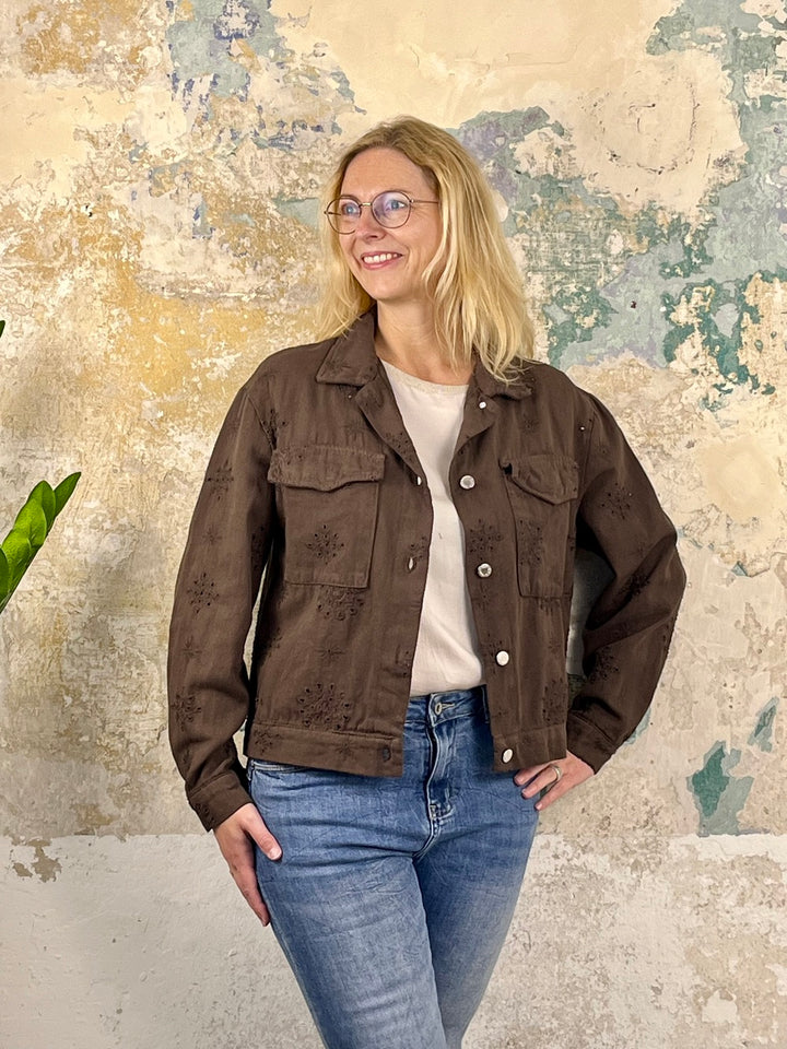 Jeansjacke mit Lochstickerei, braun