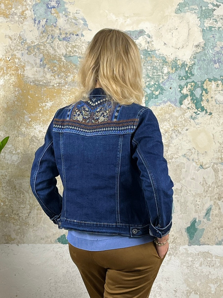 Jeansjacke mit Stickerei hinten, dark blue denim
