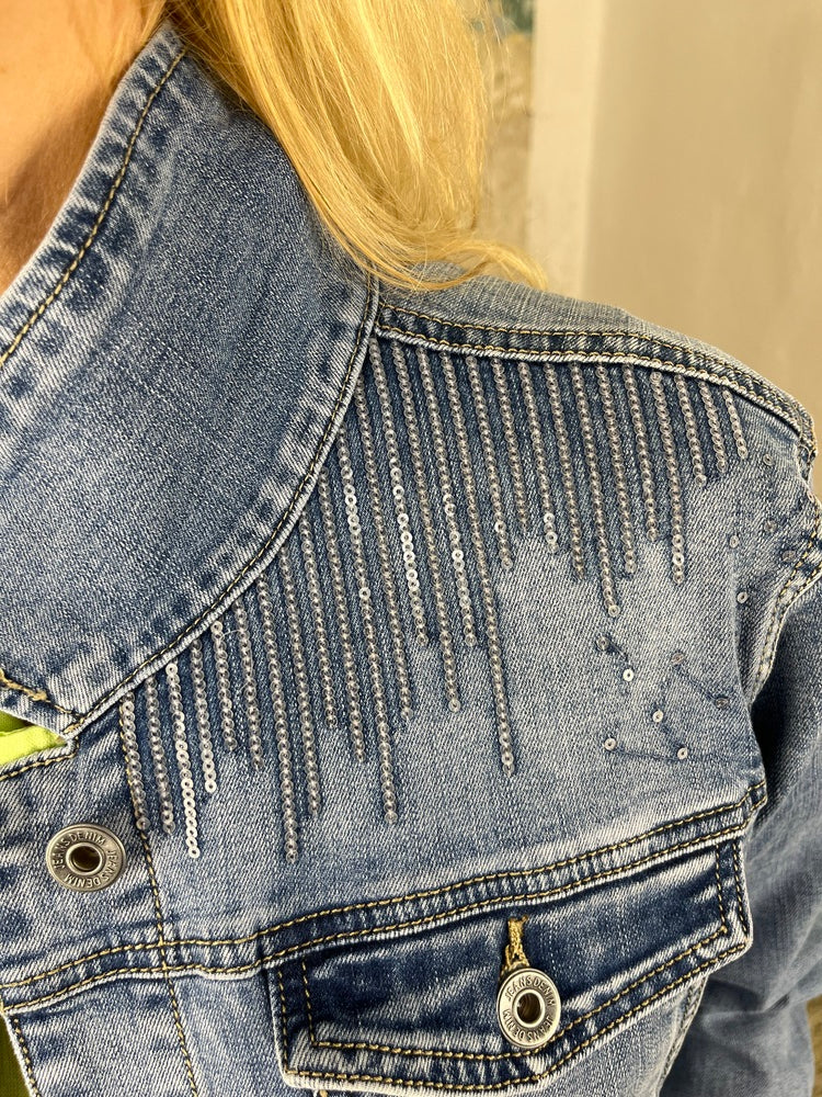 Jeansjacke mit Paillettenverzierung, blue denim