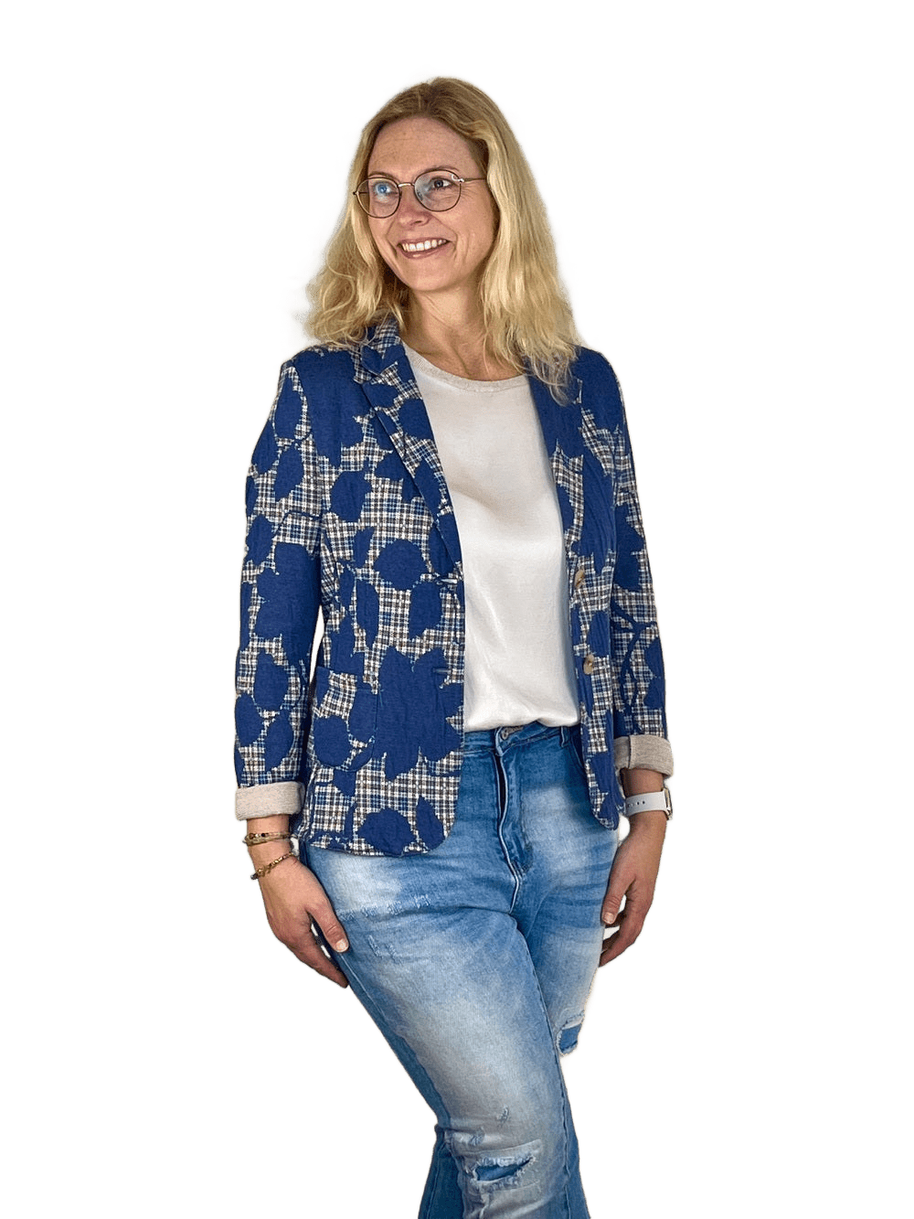 Jersey-Blazer Mustermix floral-kariert, marine