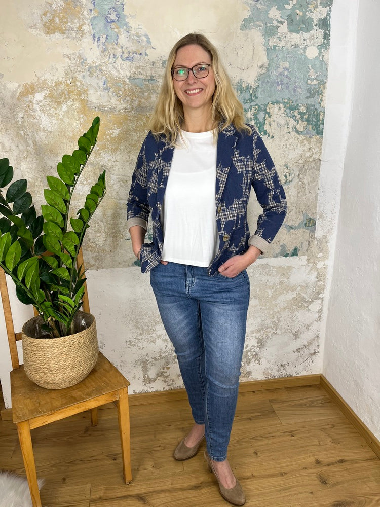 Jersey-Blazer Mustermix floral-kariert, marine