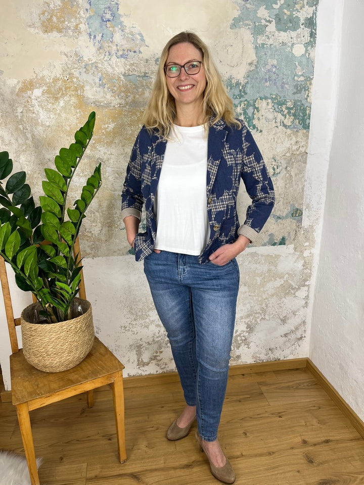 Jersey-Blazer Mustermix floral-kariert, marine