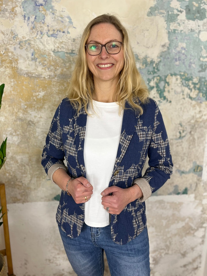 Jersey-Blazer Mustermix floral-kariert, marine