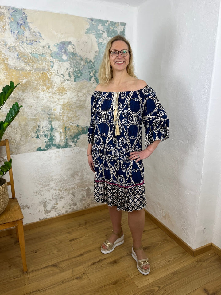 Midi-Kleid mit Trompetenärmel, Alloverdruck
