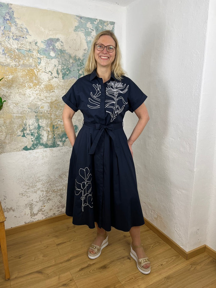 Hemdblusenkleid mit Stickerei, Kurzarm, marine